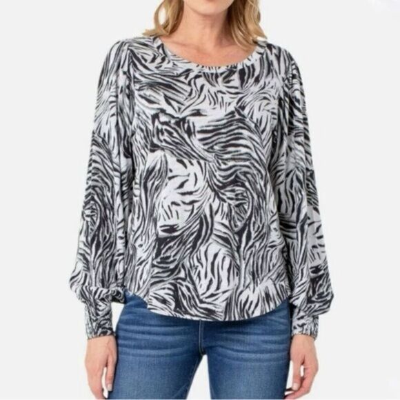 Liverpool Los Angeles Black Gray Stripe Long Sleeve Pullover Top - Picture 1 of 6